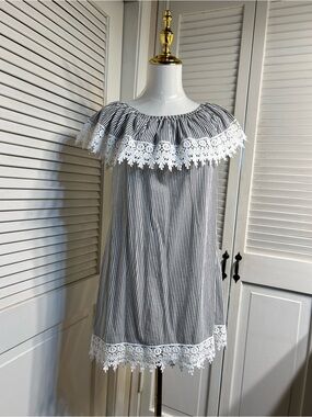 Vintage Black & White Striped Dress with Eyelet Lace